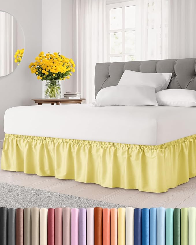 Wrap Around Dust Ruffle Bed Skirt - Yellow - for King Size Beds with 12 Inch Drop - Easy Fit Elastic Strap - Adjustable Pleated Bedskirt w/Brushed Fabric - Wrinkle Free - for Women, Men, Kids & Teens