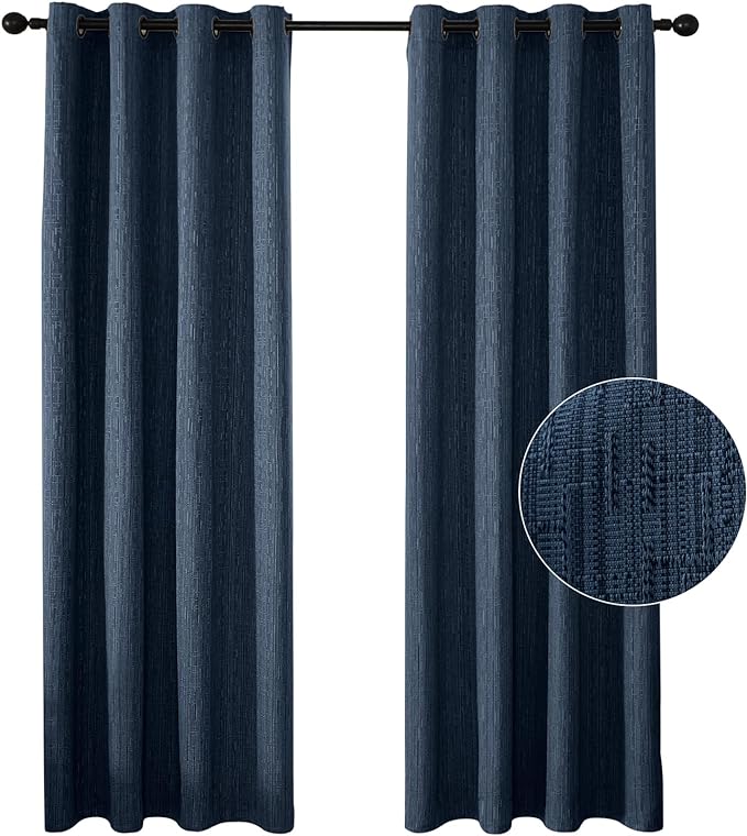 Jacquard Linen Curtains 96 inch Length 2 Panels Thick Faux Linen Blended Window Drapes Burlap Textured Curtains with Grommet for Living Room Bedroom Farmhouse (52x96 Navy) Natural