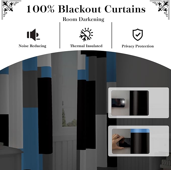 Light Blue 100% Blackout Curtains for Bedroom 84 inch Length 2 Panels Set White Grey Modern Abstract Geometric Black Out Curtains Insulated Room Darkening Window Drapes for Living Room, 52Wx84L