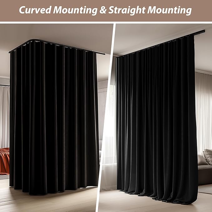 Room Divider Curtains with Ceiling Curtain Track Set Window Curtain for Bedroom,Living Room Total Blackout Thermal Insulated Privacy Ceiling Track Curtain W 15 × H 9 FT Black drape&Black track