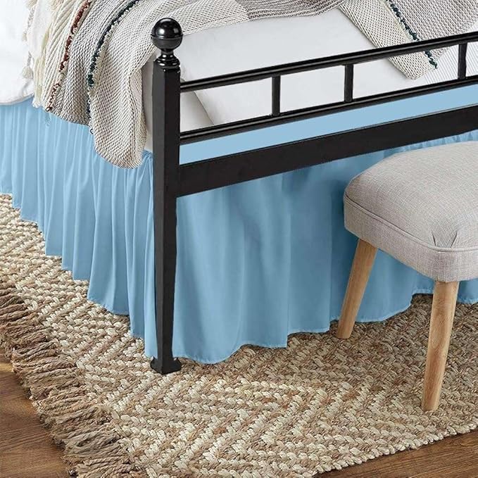 Light Blue Solid Ruffled Bed Skirt Cal-King-24 Inch Drop Split Corner, Microfiber Bedskirt with Platform Three Sided Coverage