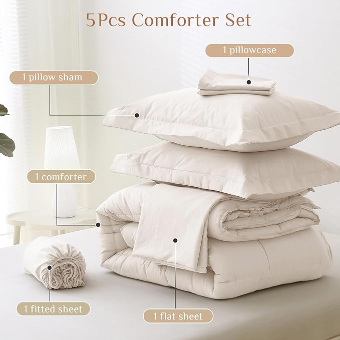 JOLLYVOGUE Twin Comforter Set, Ultra-Soft Bed in a Bag Twin Size 5 Pieces, Oeko-TEX Certified Bedding Set with Down Alternative Comforter, Sheets, Pillowcases & Shams, Beige