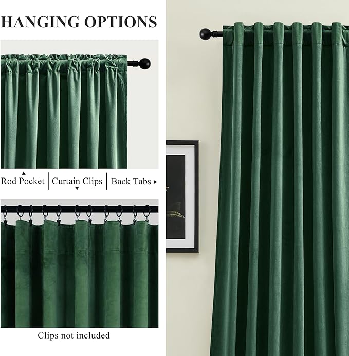 AUSSPVOCT Green Velvet Curtains 96 Inches for Bedroom, Thermal Insulated Super Soft Room Darkening Curtains Luxury Window Drapes for Dining Room, Back Tab Rod Pocket, W52 x L96, Dark Green, 2 Panels