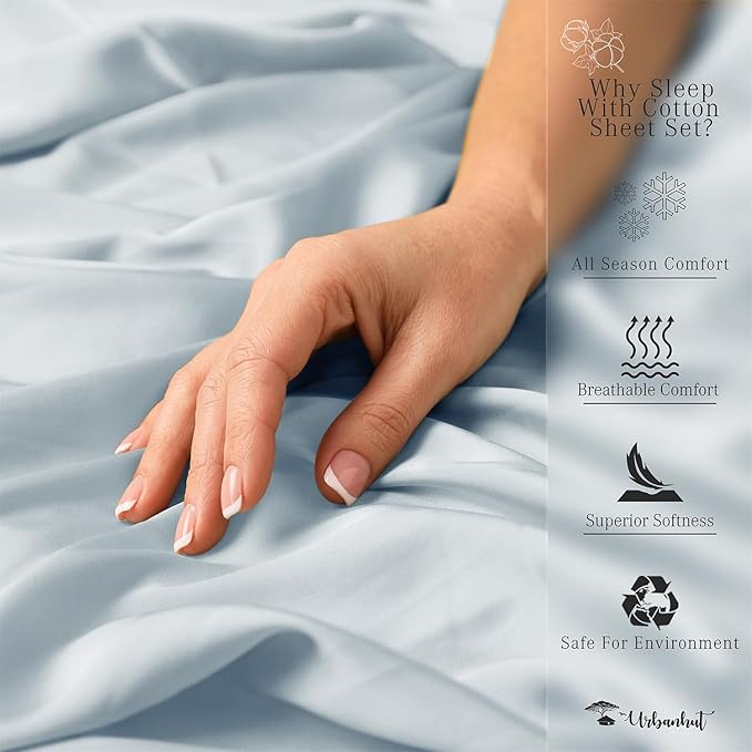 URBANHUT 800 Thread Count 100% Cotton California King Size Sheets, Luxury 4 Piece Cal King Bedsheets, Hotel Sheets Sateen Finish - Better Than Egyptian, 16" Elasticized Deep Pocket - Light Blue