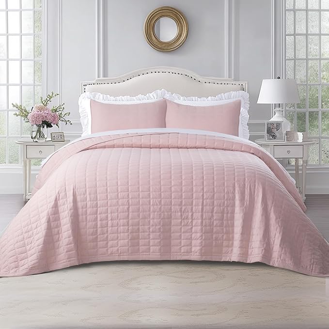 KASENTEX Queen Quilt Set 90"x90" – Soft Washed 3-Layer Lightweight Bedspread, Minimalist Nordic Design, All-Season Spring & Summer Quilt Set (1 Quilt + 2 Pillow Shams), Blush Pink