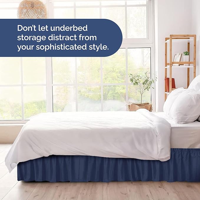 Wrap Around Dust Ruffle Bed Skirt - Navy Blue - for Queen Size Beds with 12 Inch Drop - Elastic Strap - Adjustable Pleated Bedskirt with Brushed Fabric and Wrinkle Free - for Women, Men, Kids & Teens