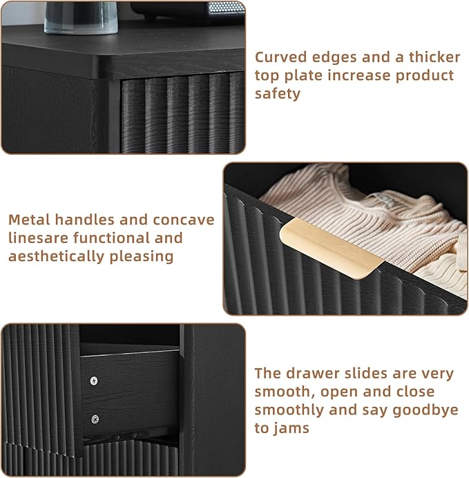 LEYAOYAO 48" Wide Fluted Dresser and 3 Drawers 23" Nightstand Set of 2, Wooden Dresser & Night Stand with Charging Station, 3 Piece Bedroom Furniture Set, Chest of Drawer for Living Room,Black