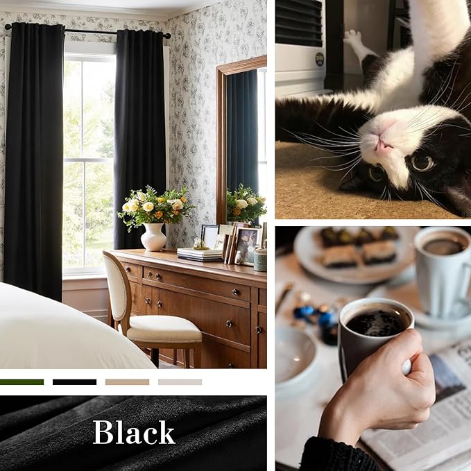 Lazzzy Velvet Blackout Curtains Thermal Insulated Room Window Drapes Super Soft Luxury Curtains for Living Room Bedroom Rod Pocket 2 Panels, Black, 42" W x 72" L