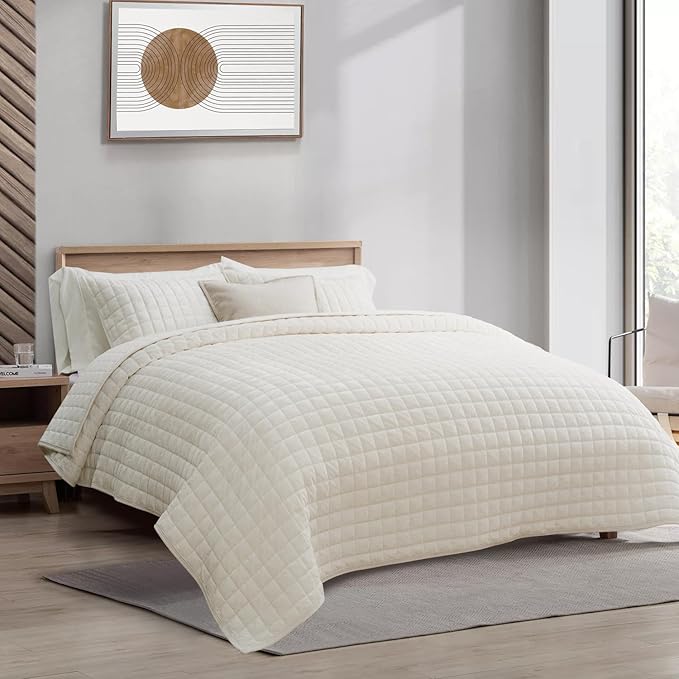 RECYCO Luxury Velvet Quilt Set, California King 118'' x 106'' Oversized Bedspread, Ultra Soft Velvet Comforter, Lightweight Box Stitch Bedding Sets for All Season, with 2 Shams, Ivory White