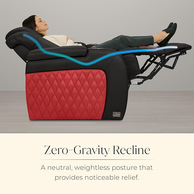 Seatcraft Diamante Zero-Gravity CoolZero Italian Leather Home Theater Seating, Power Headrest, Power Recline, Row of 5 Left Loveseat, Black/Red