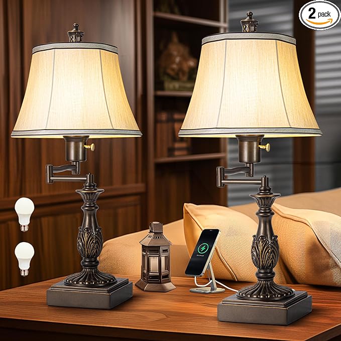 Scenekoy 23.5" High Rustic Traditional 350° Adjustable Swing Arm Table Lamp Set of 2 with USB A+C Ports Brown Finish Cream Shade Vintage Nightstand lamp for Living Room Bedroom Office (Bulb Included)