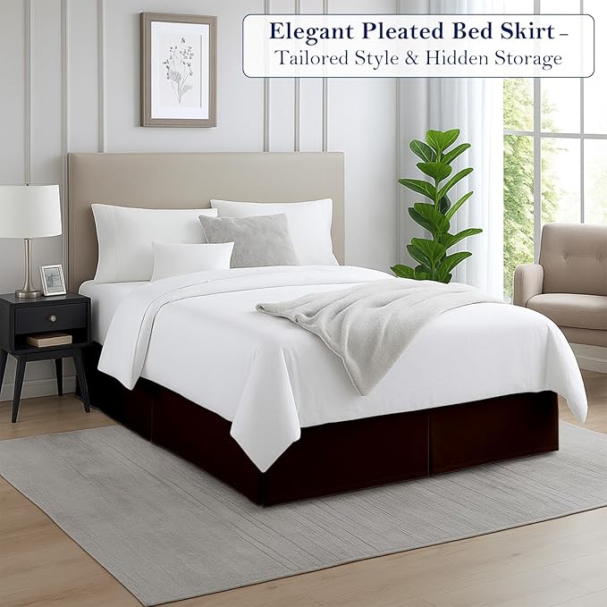 Twin Bed Skirt, Luxury 15 Inch Drop Chocolate Pleated Bed Skirt, Double Brushed Microfiber, Box Pleat Design, Wrinkle & Fade Resistant, Easy Fit Tailored Bedskirt for Twin Size Beds