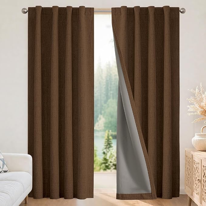 Joydeco Linen Blackout Curtains for Bedroom - 100% Light Blocking 1 Panels, Cappuccino Drapes 100" W x 84" L, Thermal Insulated Room Darkening Curtains for Living Room, Rod Pocket & Back Tabs