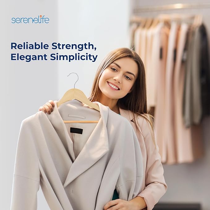 SereneLife 20 Pack Wooden Coat Hangers – Durable Suit Hangers with 360° Swivel Hook & Notches – Slim Design for Shirts, Jackets, Dresses, and More