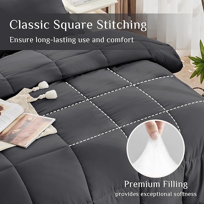 JOLLYVOGUE Full Comforter Set, Ultra-Soft Bed in a Bag Full Size 7 Pieces, Oeko-TEX Certified Bedding Set with Down Alternative Comforter, Sheets, Pillowcases & Shams, Dark Grey