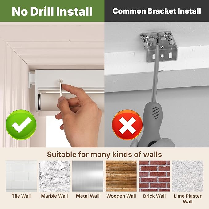 HESTIA No Drill Cordless Blackout Roller Shades Screwless Waterproof Shower Window Blinds, Auto-Retraction Easy Install Blind for Bathroom/Kitchen/Office/Exterior, White, 40"W x 72"H