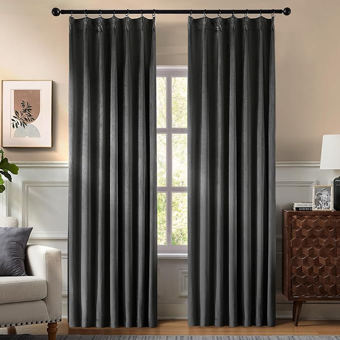 Pinch Pleated 100% Blackout Curtains for Bedroom, Grey Velvet Curtains for Living Room, Black Out Curtain 90 inch Long Room Darkening, Blackout Pinch Pleat Drapes with Hooks 2 Panels