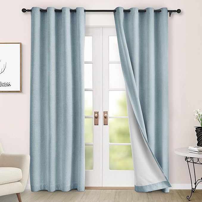 Macochico 100% Blackout Chenille Curtains 96 Inches Long for Hotel Nursery Noise Reducing Thermal Curtains for Bedroom Living Room Grommet Light Blue Curtains with Tieback 52" Wx96 L Classic 1 Panel