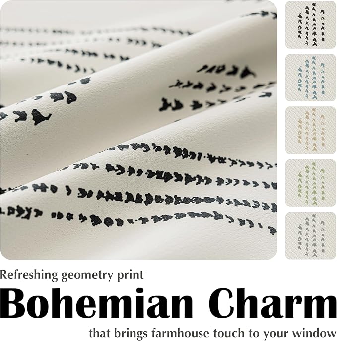 100% Boho Blackout Curtains 63 Inches Long for Bedroom, Black on Beige Patterned Bohemian Curtains for Living Room, Geometric Striped Thermal Insulated Window Drapes Gromment Top 2 Panels