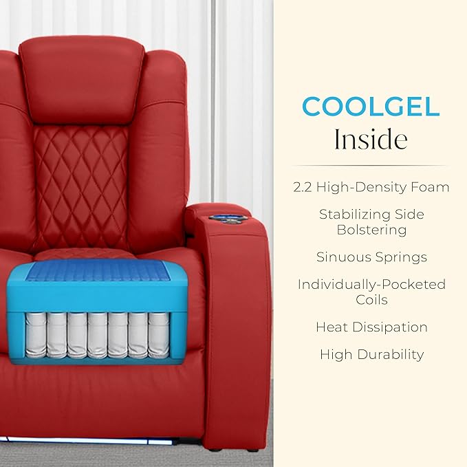 Seatcraft Diamante Zero-Gravity CoolZero Italian Leather Home Theater Seating, Power Headrest, Power Recline, Row of 4 Left Loveseat, Red