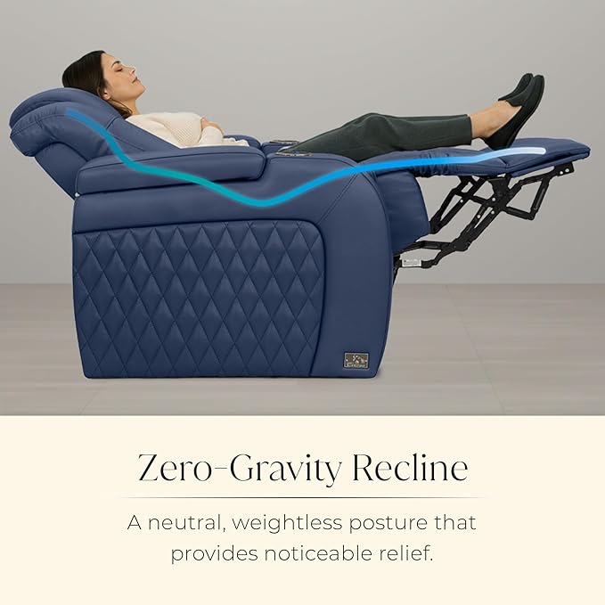 Seatcraft Diamante Zero-Gravity CoolZero Italian Leather Home Theater Seating, Power Headrest, Power Recline, Row of 3 Sofa, Navy Blue