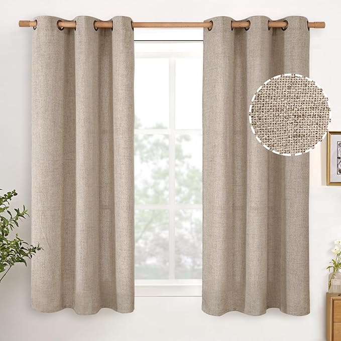 YoungsTex Short Linen Curtains 45 lnch Length, Semi Sheer Drapes with Bronze Grommet Ligth Filtering for Kitchen Bathroom Living Room Windows Lightweight, Dark Oatmeal, 2 Panels, 42 X 45 Inch