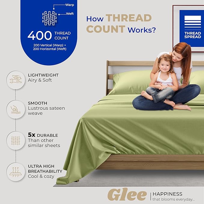 THREAD SPREAD 400 Thread Count King Cotton Sheets - 4 PC King Size Bed Sheet Set Cotton (Herb Green), Soft, Cooling, Hotel-Quality 16" Deep Pocket Sateen Bedsheet for Hot Sleepers (Fits 18" Mattress)