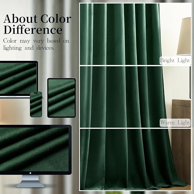 AUSSPVOCT Green Velvet Curtains 96 Inches for Bedroom, Thermal Insulated Super Soft Room Darkening Curtains Luxury Window Drapes for Dining Room, Back Tab Rod Pocket, W52 x L96, Dark Green, 2 Panels