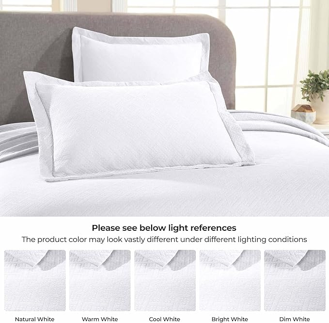 Superior 3 Piece Basketweave Cotton Bedspread Set, Home Bed Decor, Decorative Bed Spread, 2 Pillow Shams, Medium Weight Blanket, Matelasse Coverlet Bedding, Geometric Lattice Pattern, Queen, White