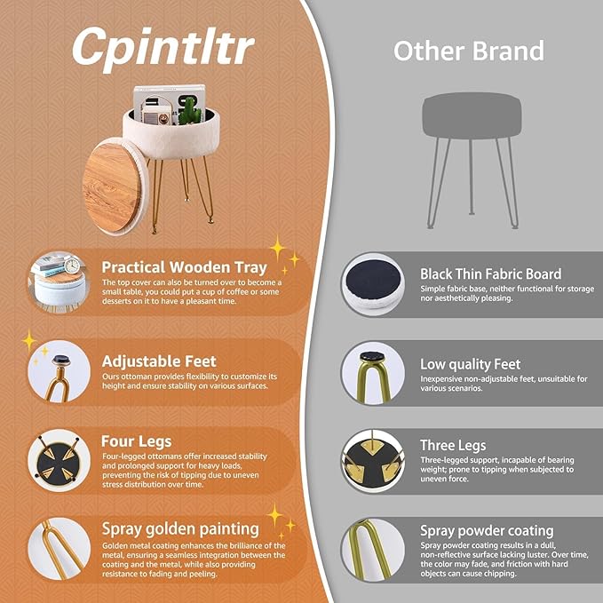 Cpintltr Modern Velvet Foot Rest Stool Upholstered Round Storage Ottomans Multipurpose Dressing Stools Luxury Home Decor Ottoman Coffee Table Top Cover Footstool with Metal Legs Pumpkin Brown