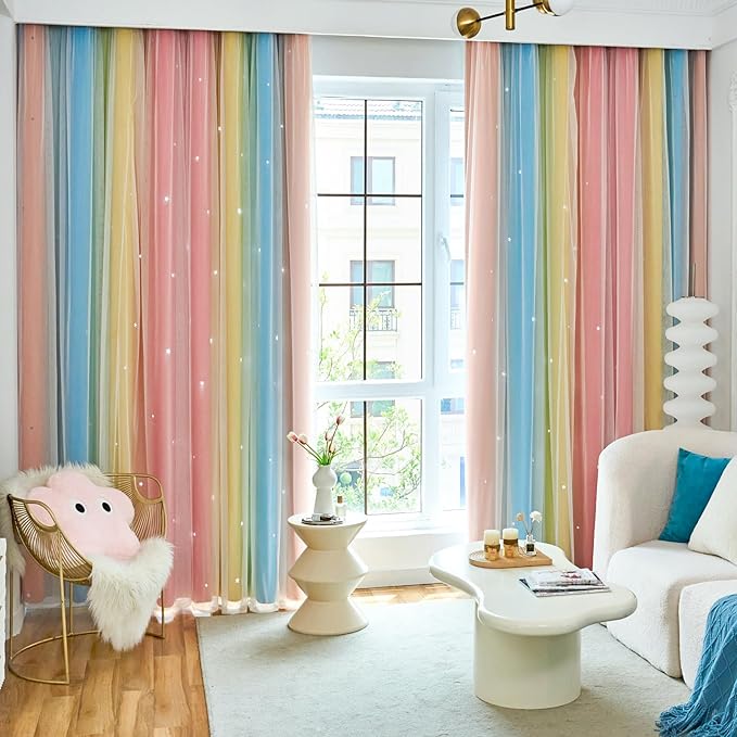 Star Blackout Curtains for Bedroom - Rainbow, 96 Inch Long, 2 Panels, Red, Yellow & Blue