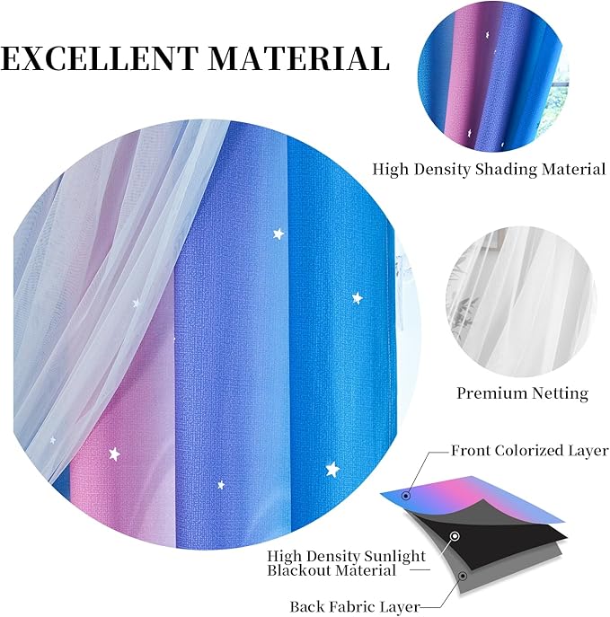 Star Blackout Curtains for Bedroom - Rainbow, 96 Inches Long, 2 Panels - Blue, Purple & Pink