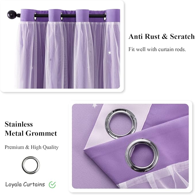 Stars Double Layer Blackout Curtains for Bedroom Kids - Cute Purple Curtains, 2 Panels Set, 52 X 72 Inches