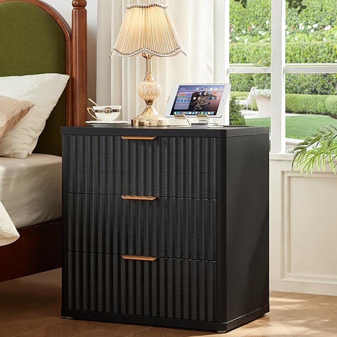 LEYAOYAO Fluted Dresser and 3 Drawers Nightstand Set of 2, Wood 48" Wide Dresser & 23" Night Stand with Charging Station, 3 Piece Bedroom Furniture Set, Chest of Drawers for Home,Living Room,Black