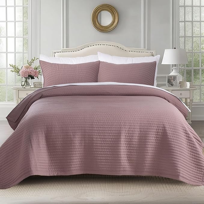 KASENTEX King Quilt Set 104"x90" – Soft Washed 3-Layer Lightweight Bedspread, Minimalist Nordic Design, All-Season Spring & Summer Quilt Set (1 Quilt + 2 Pillow Shams),Twilight Mauve Purple