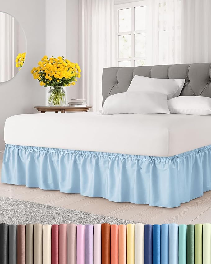 Wrap Around Dust Ruffle Bed Skirt - Light Blue - for Full Size Beds with 24 Inch Drop - Elastic Strap - Adjustable Pleated Bedskirt with Brushed Fabric and Wrinkle Free - for Women, Men, Kids & Teens
