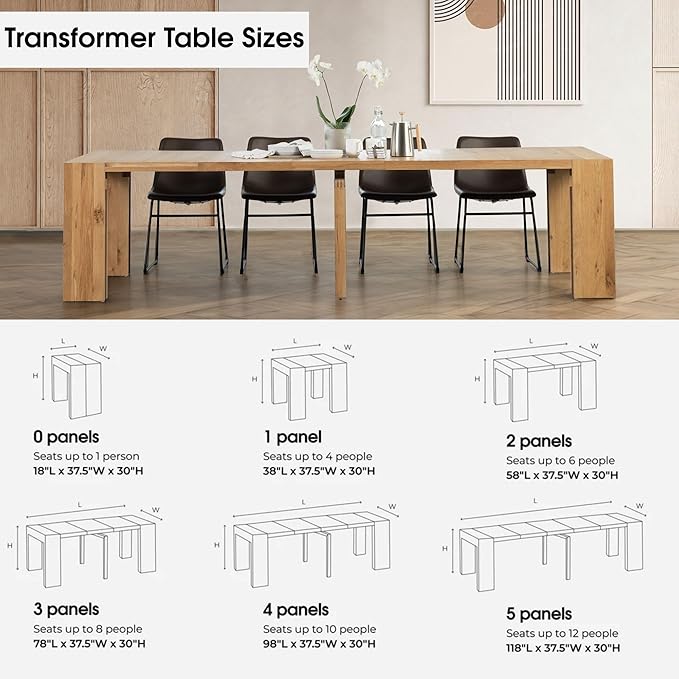 Transformer Table - Solid Wood Extendable Dining Table with Bench and 4 Stackable Chairs, Seats 2-12, Expandable Table, Natural (Table + Bench + 4 Chairs)