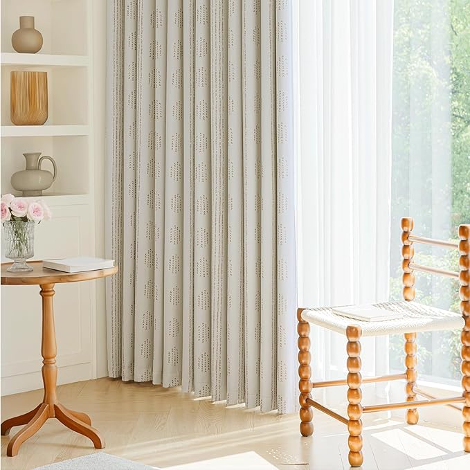100% Boho Blackout Curtains 84 Inches Long for Bedroom, Taupe on Beige Patterned Bohemian Curtains for Living Room, Geometric Striped Thermal Insulated Window Drapes Gromment Top 2 Panels
