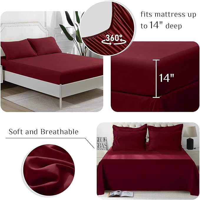 JOLLYVOGUE King Comforter Set, Ultra-Soft Bed in a Bag King Size 7 Pieces, Oeko-TEX Certified Bedding Set with Down Alternative Comforter, Sheets, Pillowcases & Shams, Burgundy