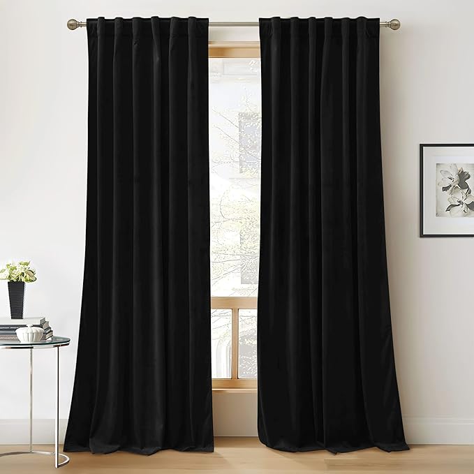 RYB HOME Velvet Curtains 108 inches - Blackout Heavy Duty Curtains Soft Luxury Back Tap Window Covering Privacy Blinds for Kids Room Bathroom Bedroom, Black, W52 x L108 inches, 2 Panels