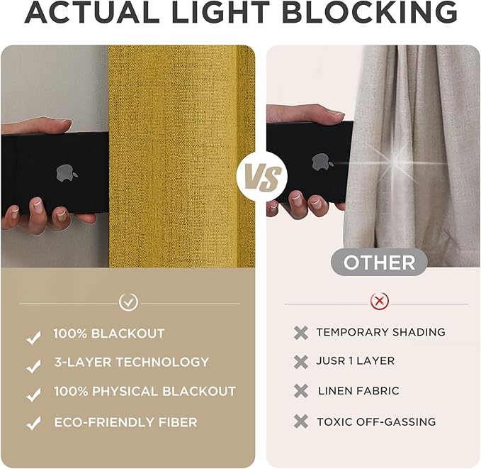 Joydeco Linen Blackout Curtains for Bedroom - 100% Light Blocking 1 Panels, Yellow Drapes 70" W x 96" L, Thermal Insulated Room Darkening Curtains for Living Room, Rod Pocket & Back Tabs