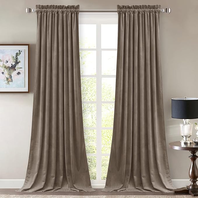StangH Taupe Velvet Room Darkening Curtains Premium Soft Thermal Insulated Drapes for Bedroom/Office, Noise Reduction Curtains, Modern Decor, W52 x L105, 2 Panels