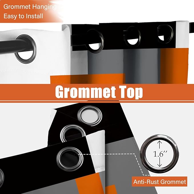 Orange 100% Blackout Curtains for Bedroom 63 inch Length 2 Panels Set Black Grey Modern Abstract Geometric Black Out Curtains Insulated Room Darkening Window Drapes for Living Room, 52Wx63L