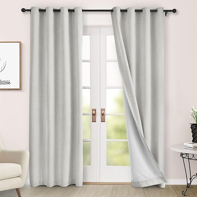 Macochico 100% Blackout Chenille Curtains 96 Inches Long for Hotel Nursery Noise Reducing Thermal Curtains for Bedroom Living Room Grommet White Curtains with Tieback 52" Wx96 L Classic 1 Panel