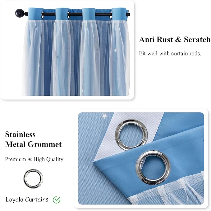 Star Blackout Curtains Double Layer Curtains Blackout Curtains for Bedroom Girls Kids Room Curtains Cute Colorful Window Nursery Curtain, 84 Inches Long, 2 Panels Set, Blue, 42 X 84 Inches