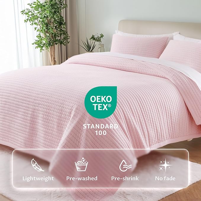 KASENTEX Queen Quilt Set 90"x90" – Soft Washed 3-Layer Lightweight Bedspread, Minimalist Nordic Design, All-Season Spring & Summer Quilt Set (1 Quilt + 2 Pillow Shams), Pink