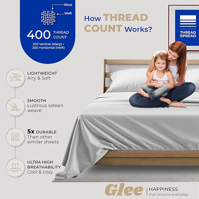 THREAD SPREAD Twin Size Sheets Set Cotton - 400 Thread Count Cotton Twin Sheets 3 PC Set (Silver Grey), Ultra Soft, Cooling, Hotel-Quality 16" Deep Pocket Sateen Bedsheet for Hot Sleepers