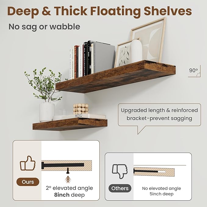 55 Inch Floating Shelves for Wall, 8 Inch Deep Floating Shelf for Storage & Display, Wall Mounted Shelf with Invisible Brackets for Living Room, Kitchen, Bathroom, Home Decor, Set of 2, Rustic Brown