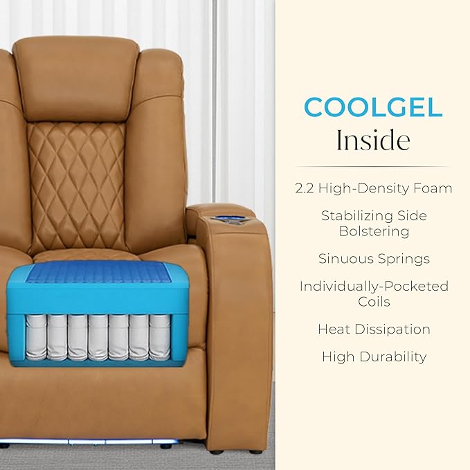 Seatcraft Diamante Zero-Gravity CoolZero Italian Leather Home Theater Seating, Power Headrest, Power Recline, Row of 5 Right Loveseat, Tan Oak