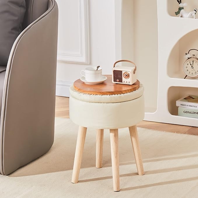 Mxfurhawa Storage Ottoman Linen Round Vanity Stool Tray Top Modern Foot Stool with Wood Legs Multifunctional Upholstered Foot Ottoman Rest for Living Room, Bathroom, Makeup (White)